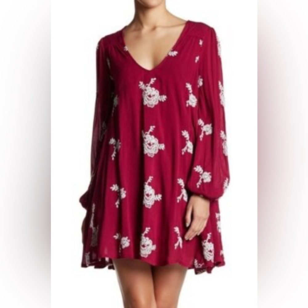Free People Emma Burgundy Gauzy Boho Floral Embroidered Mini Dress